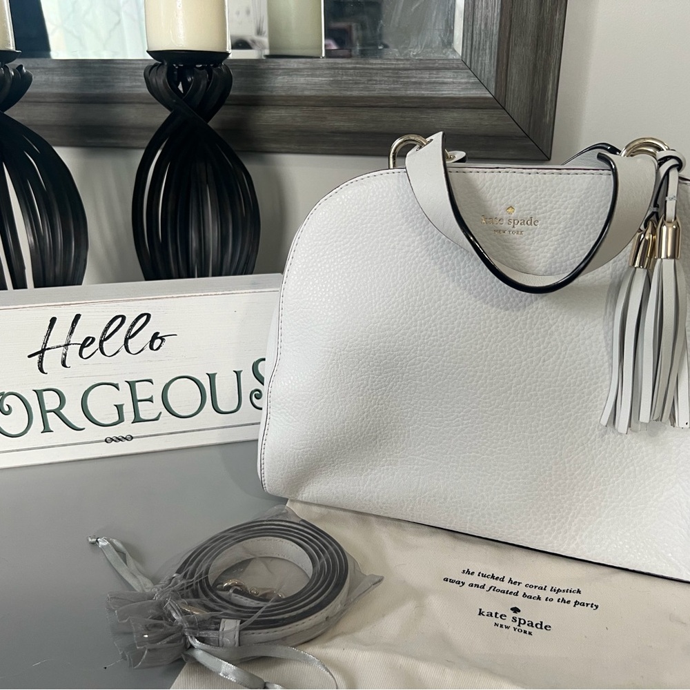 Kate Spade White Satchel with Textured Finish and Tassel Detail